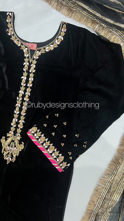 NAYAB - 3 Piece Luxury Velvet Suit with Gold Handwork