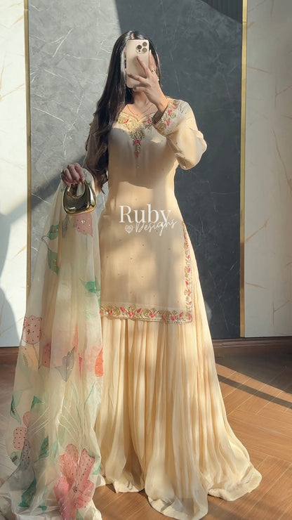 ZAIRA Dune - 3 Piece Chiffon Sharara Suit with Hand Painted Dupatta