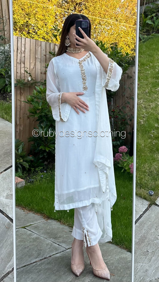 Minor Defect - HIRA White - 3 Piece Chiffon Suit with Chiffon Dupatta (8748150227157)