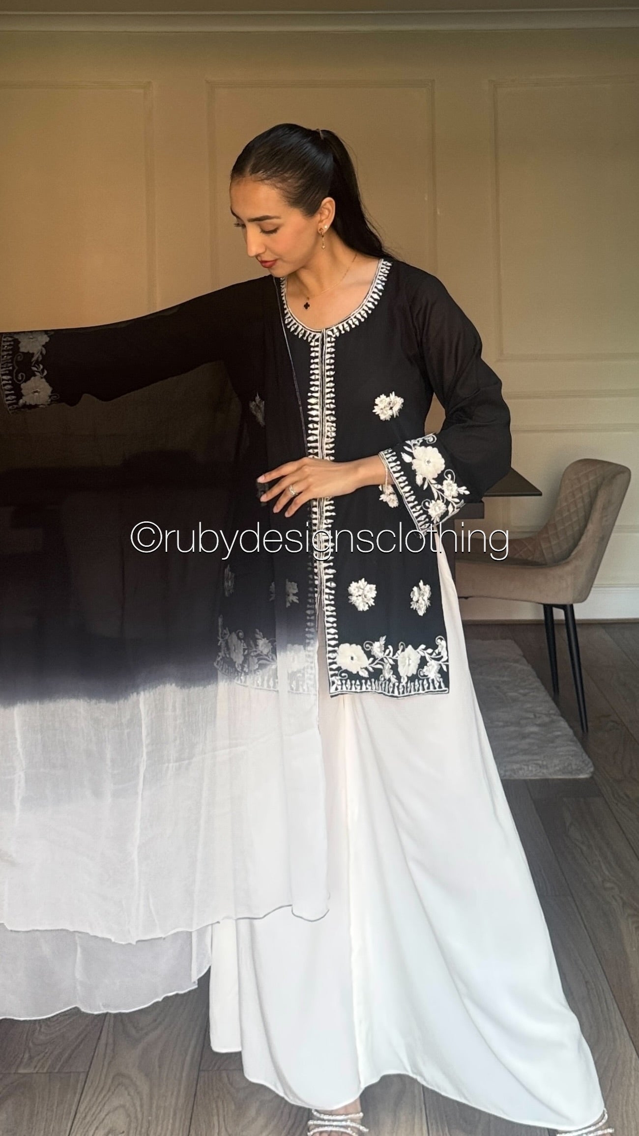 RAYA Noir  - 3 Piece Swiss Lawn Suit with Flowy Wide-Leg Pants