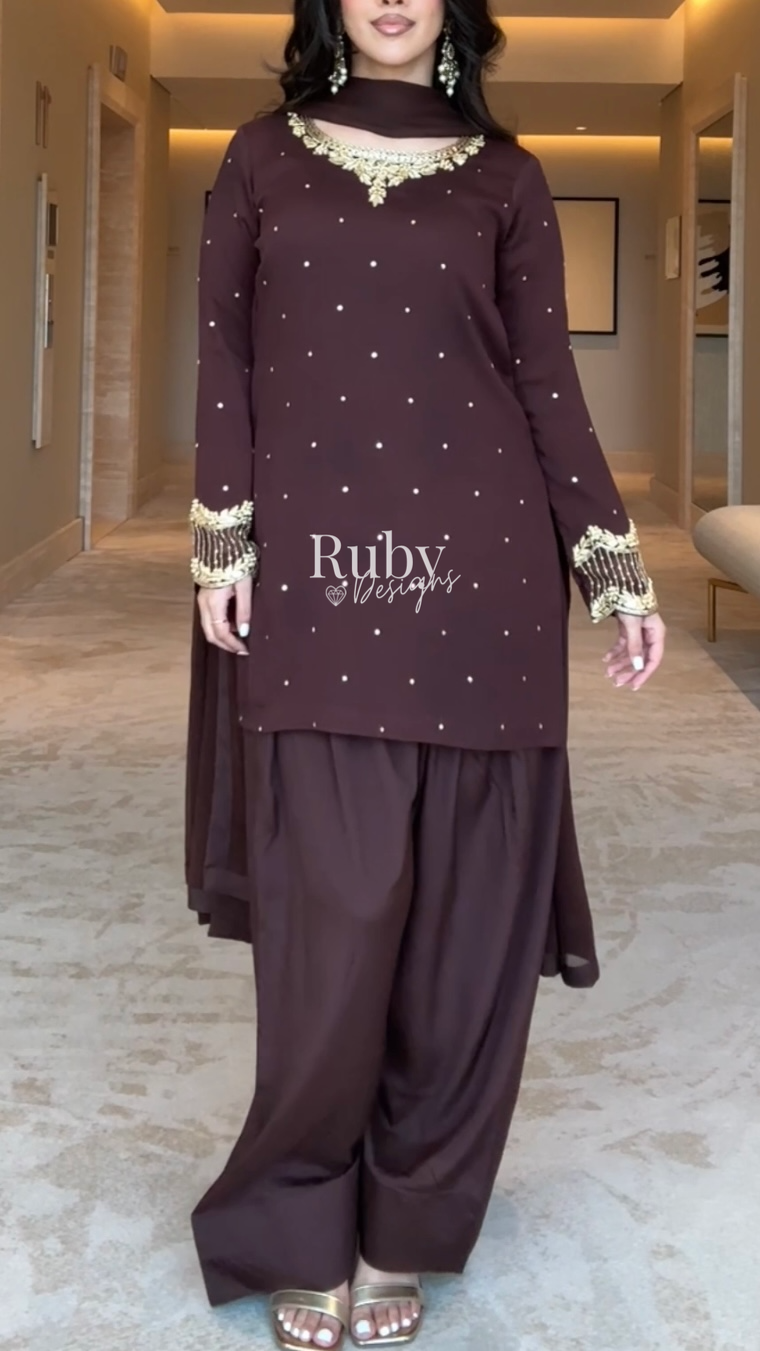 PRE-ORDER RAHA Mocha - Luxury 3 Piece Chiffon Suit with Farshi Shalwar