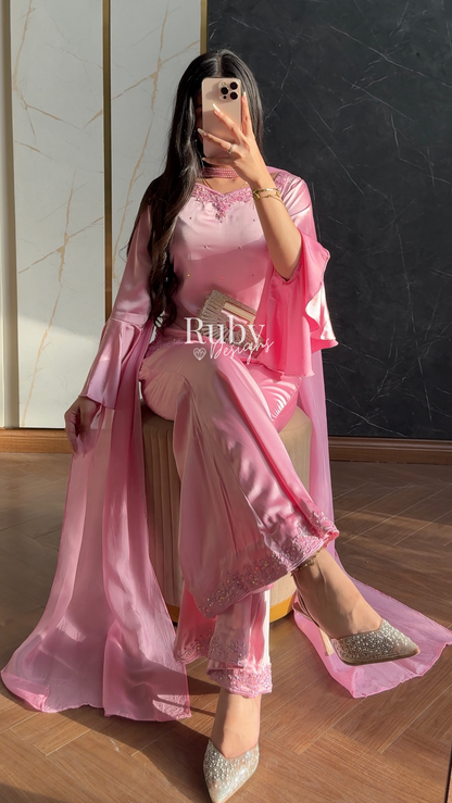 KAREENA Pink - 3 Piece Silk Suit with Crystal Choker Dupatta
