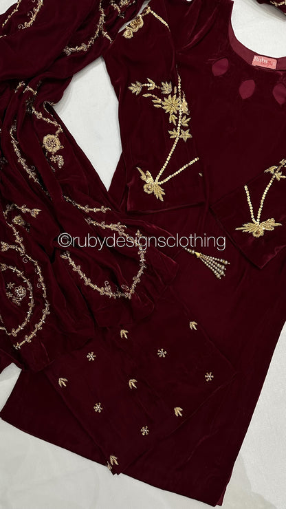 RAISA Cherry - 3 Piece Luxury Velvet Suit with Heavy Embellished Shawl