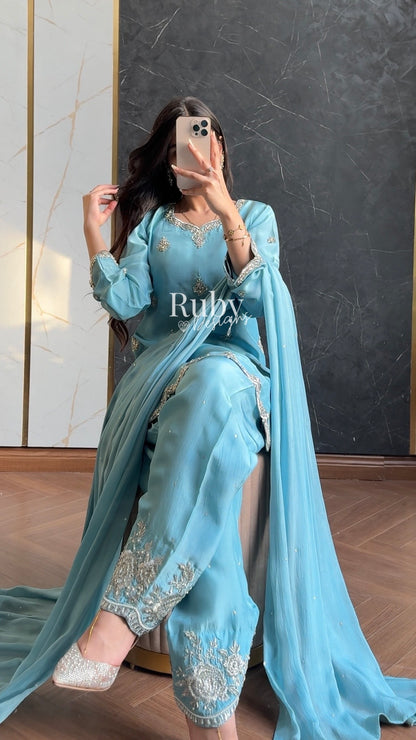 ATIFA Sky - 3 Piece Silk Suit with Shalwar