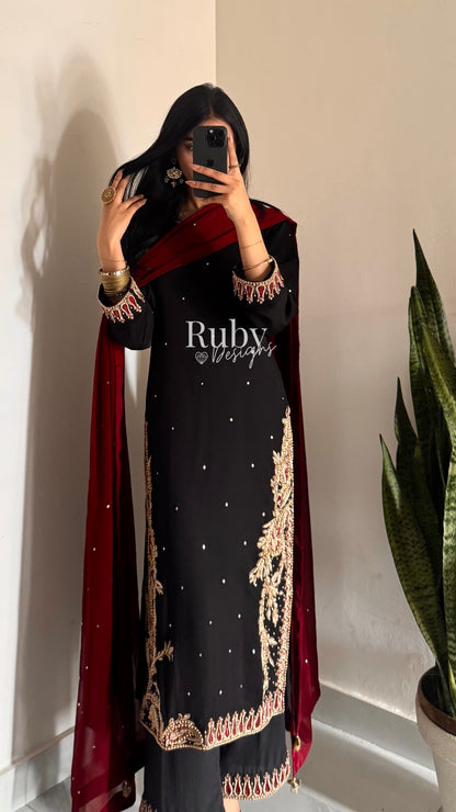 MEHRUNNISA - 3 Piece Black Chiffon Suit with Gold Handwork