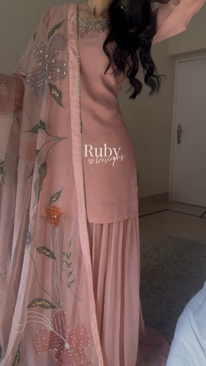 ZAIRA Rose - 3 Piece Chiffon Sharara Suit with Hand Painted Dupatta