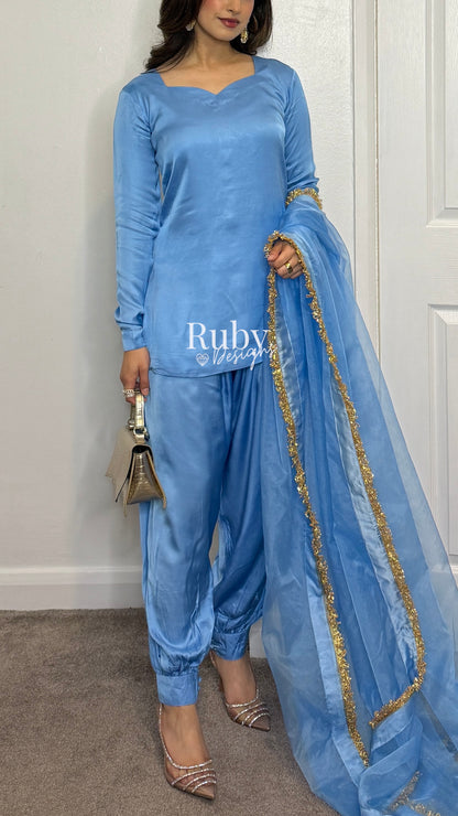 AMELLE Blue - 3 Piece Silk Suit with Balloon Pants