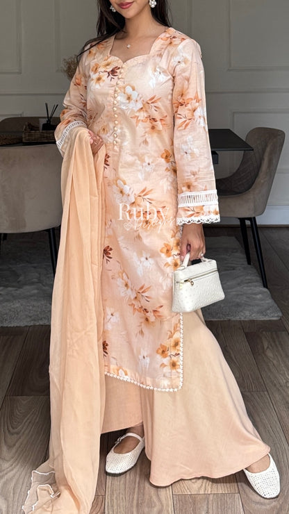 ANABIA - 3 Piece Peach Swiss Lawn Suit with Chiffon Dupatta
