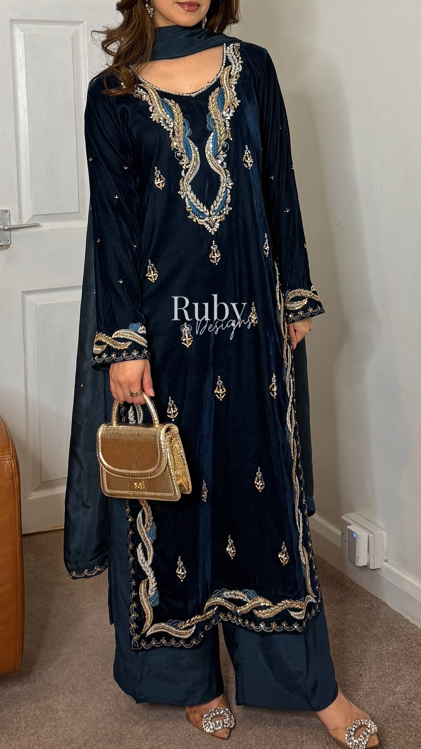 LINA - 3 Piece Teal Luxury Velvet Suit with Gold Handwork