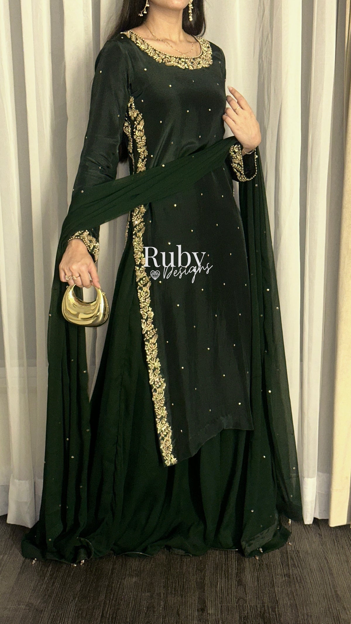 ZAINA Emerald - 3 Piece Silk Suit with Gold Handwork
