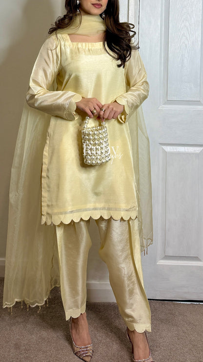 HAYAT Butter - 3 Piece Silk Suit with Skinny Shalwar