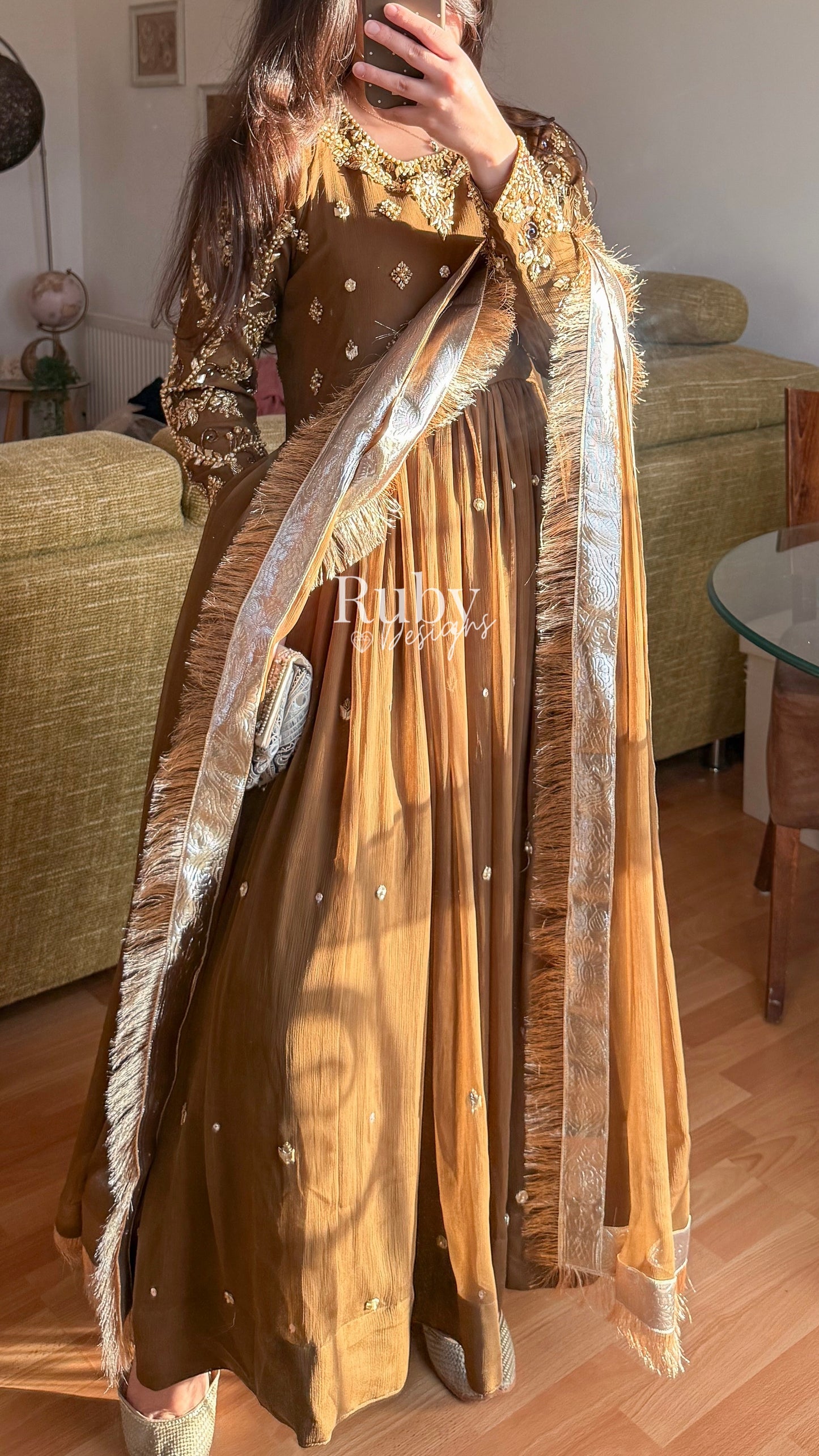 NAYRA Style 1 (Dress) - 3 Piece Khaki Chiffon Dress with Kiran Lace Dupatta and Churidaar Trousers