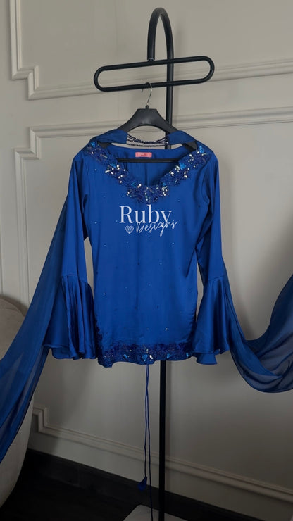KAREENA Blue - 3 Piece Silk Suit with Crystal Choker Dupatta