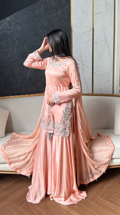 PARISA Peach - 4 Piece Silk Suit with Matching Potli Bag
