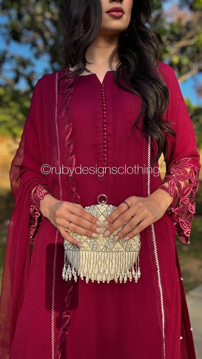 NAILA Berry - 3 Piece Chiffon Suit with Cutwork Detail