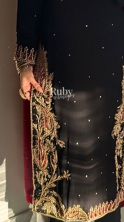 MEHRUNNISA - 3 Piece Black Chiffon Suit with Gold Handwork