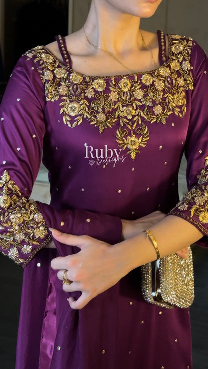 HANIA Plum - 3 Piece Silk Suit with Straight Trouser