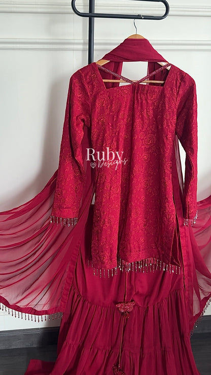 FARYAL Rouge - 3 Piece Chiffon Suit with Tiered Sharara