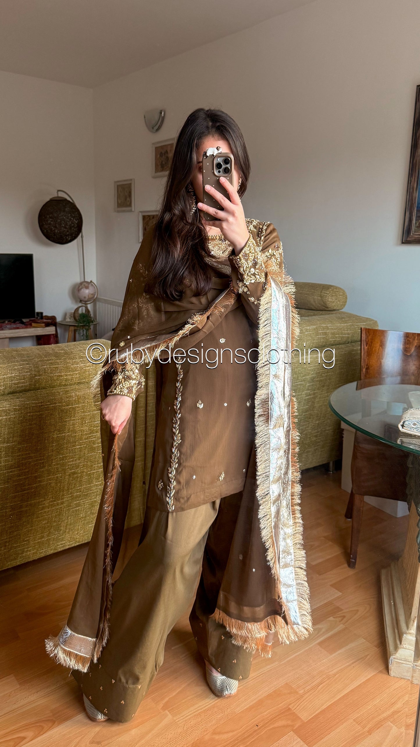 NAYRA Style 3 (Short Shirt) - 3 Piece Khaki Chiffon Suit with Shalwar