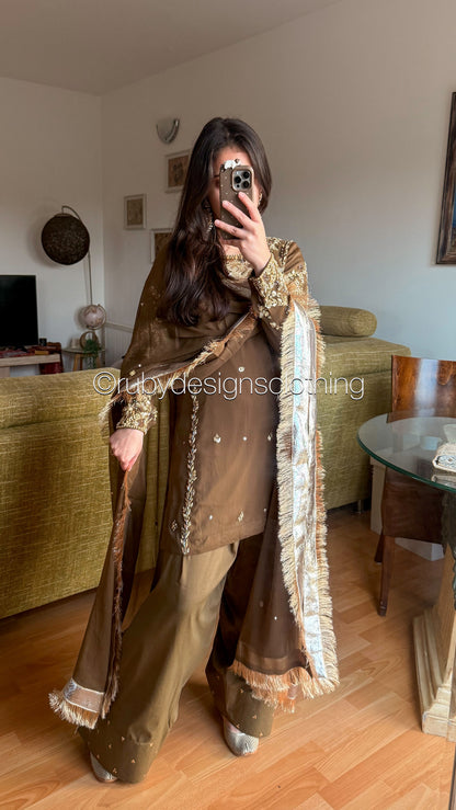 NAYRA Style 3 (Short Shirt) - 3 Piece Khaki Chiffon Suit with Shalwar