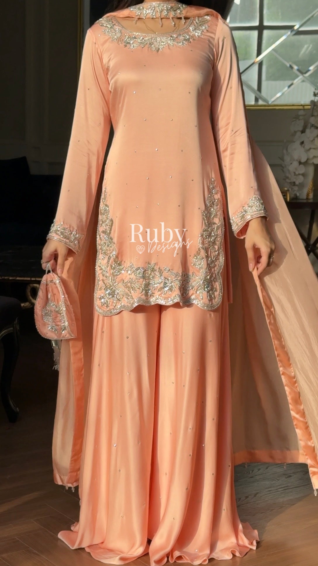 PARISA Peach - 4 Piece Silk Suit with Matching Potli Bag
