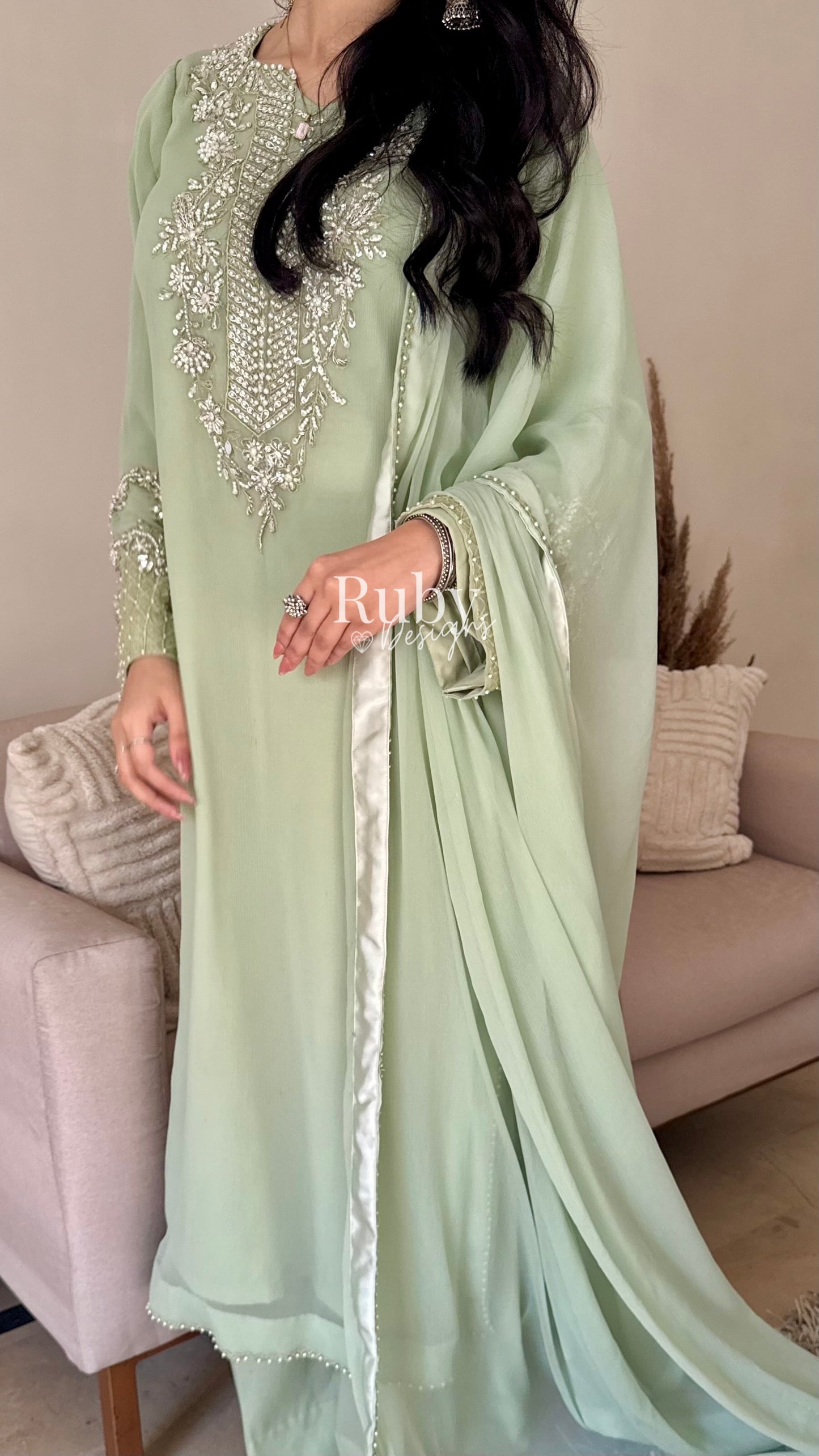 AREEN Mint - 3 Piece Chiffon Suit with Pearl and Stone Handwork
