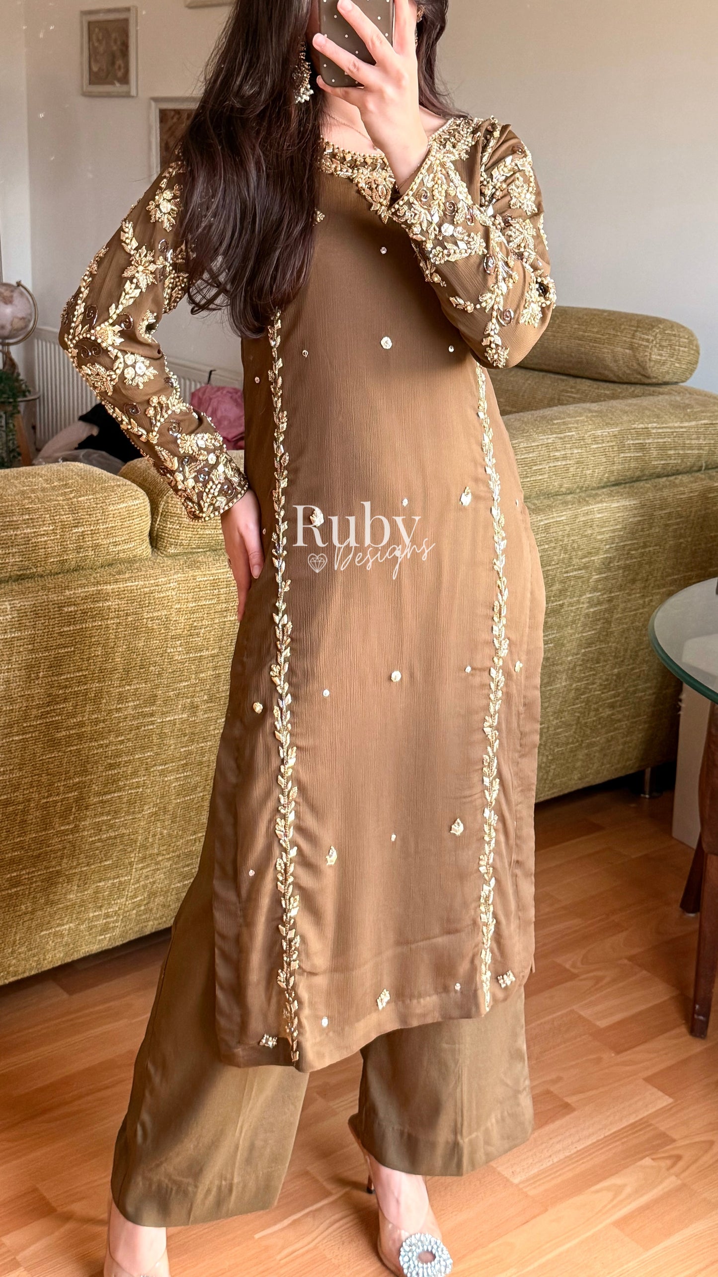 NAYRA Style 2 (Long Shirt) - 3 Piece Khaki Chiffon Suit with Trouser