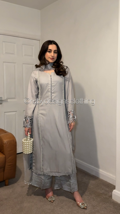 NAILA Grey - 3 Piece Chiffon Suit with Cutwork Detail