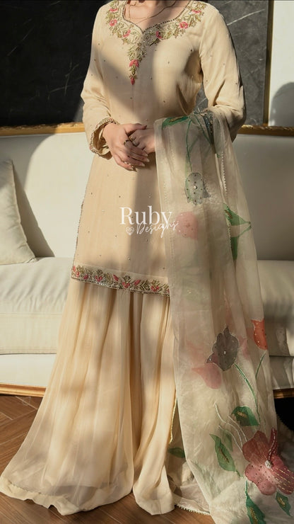 ZAIRA Dune - 3 Piece Chiffon Sharara Suit with Hand Painted Dupatta