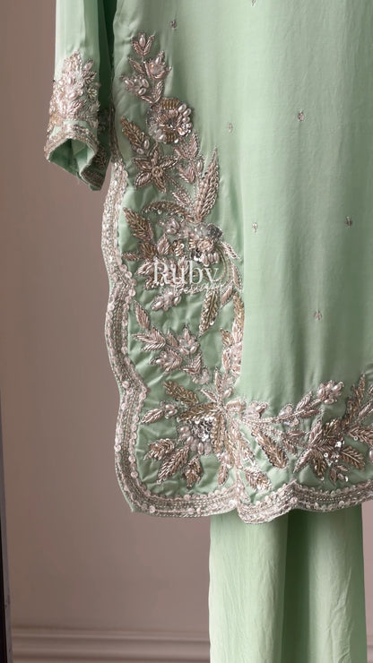 PARISA Sage - 4 Piece Silk Suit with Matching Potli Bag