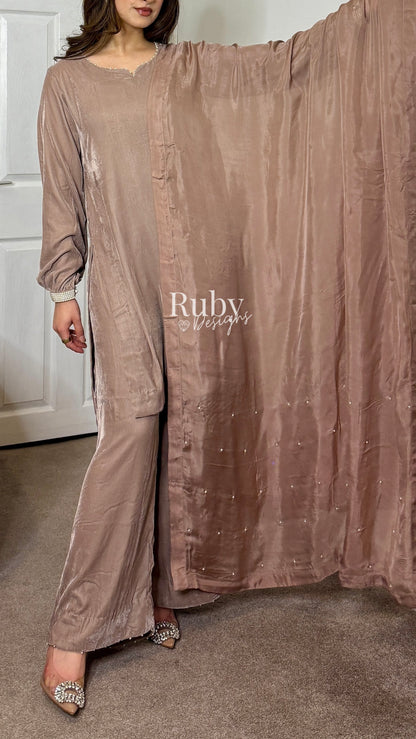 ALIA - 3 Piece Nude Luxury Velvet Suit with Pearls