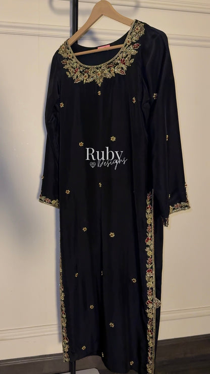 MEHRA - 3 Piece Black Silk Suit with Organza Dupatta