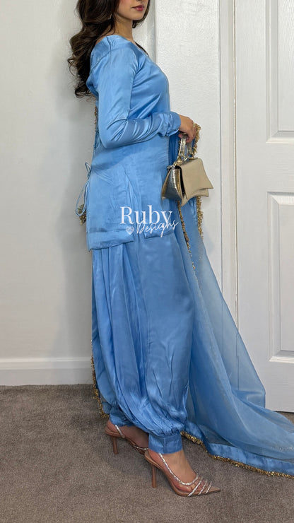 AMELLE Blue - 3 Piece Silk Suit with Balloon Pants