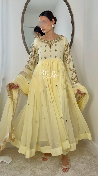 NAYRA Butter Silhouette 1 - 3 Piece Chiffon Dress with Kiran Lace Dupatta and Churidaar Trousers