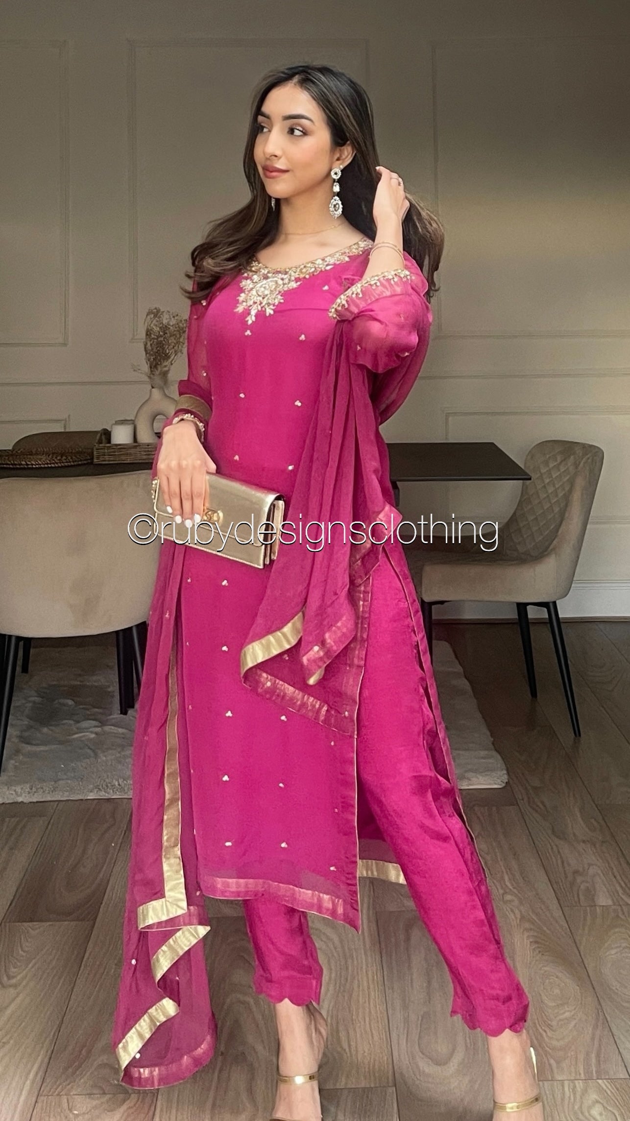 ALVIA Pink - 3 Piece Pink Chiffon Suit with Gold Handwork