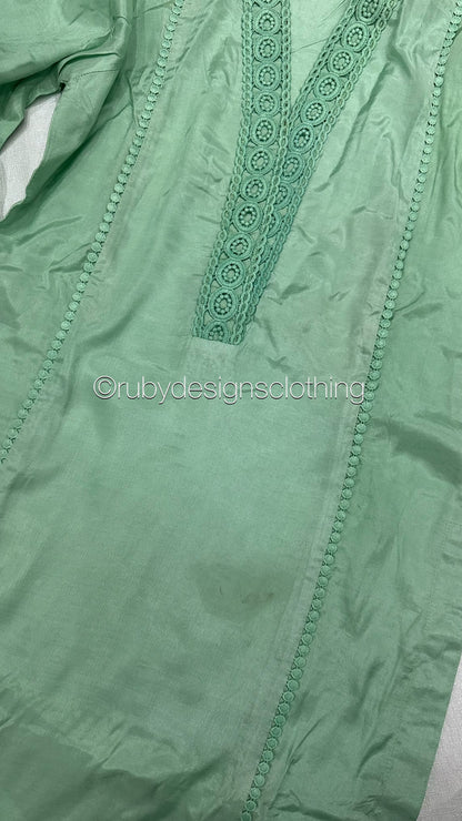 Minor Defect - JAISHA - Mint Green 3 Piece Cotton Silk Suit with Organza Ruffle Dupatta (8747932418261)