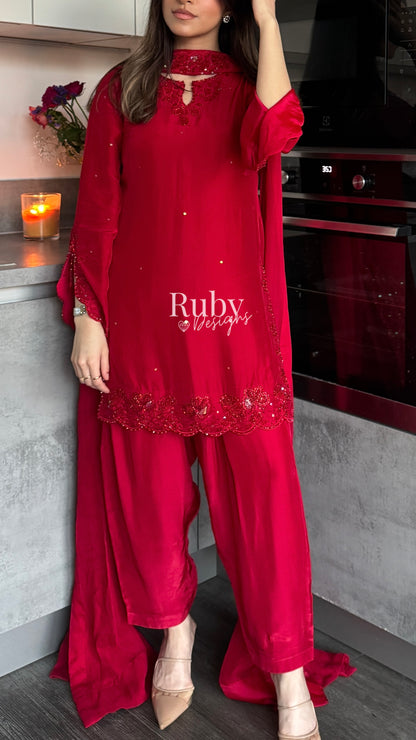 LARA Ruby - 3 Piece Luxury Silk Suit with Cutdana Handwork