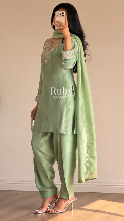 MARWA - 3 Piece Sage Green Silk Suit with Shalwar