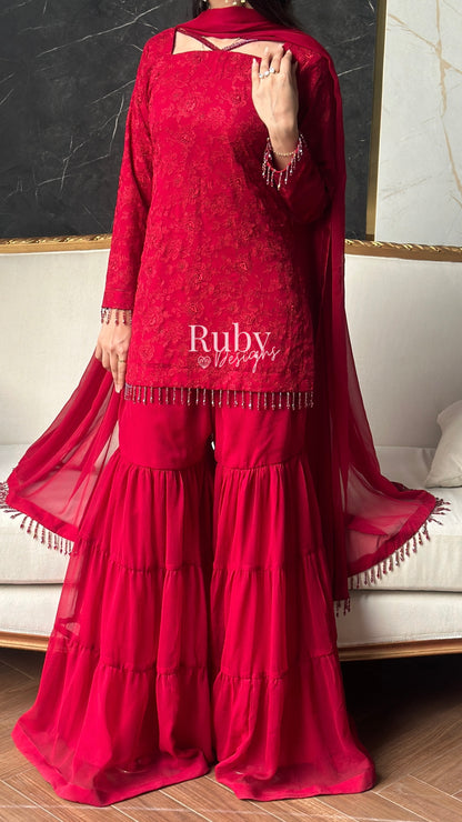 FARYAL Rouge - 3 Piece Chiffon Suit with Tiered Sharara