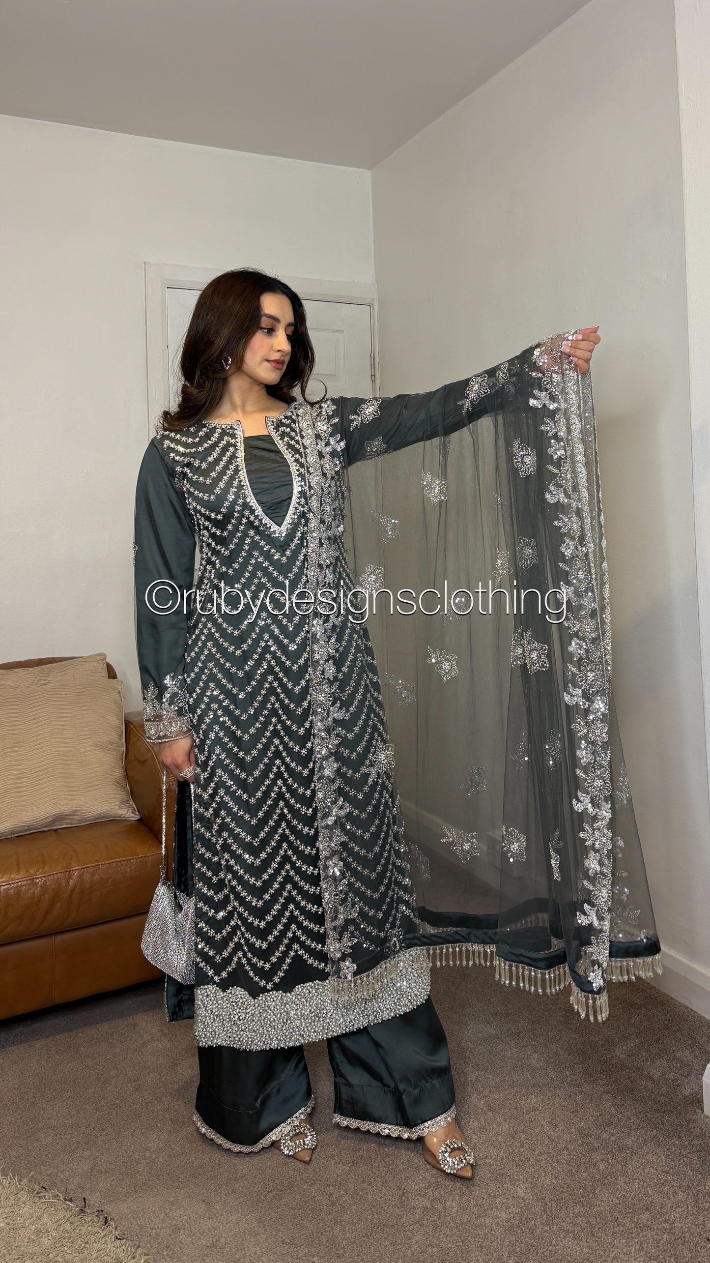 IZMA Smoke - 3 Piece Net Suit with Wide Leg Trousers