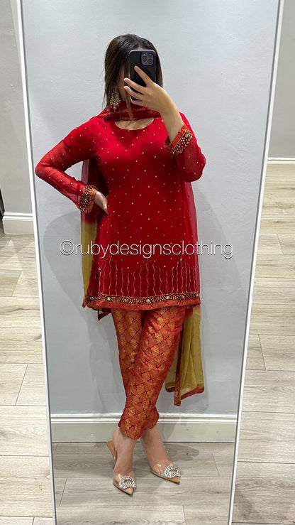 EXCLUSIVE SAMPLE - 3 Piece Red Chiffon Suit with Jamawar Trousers (8746850123989)