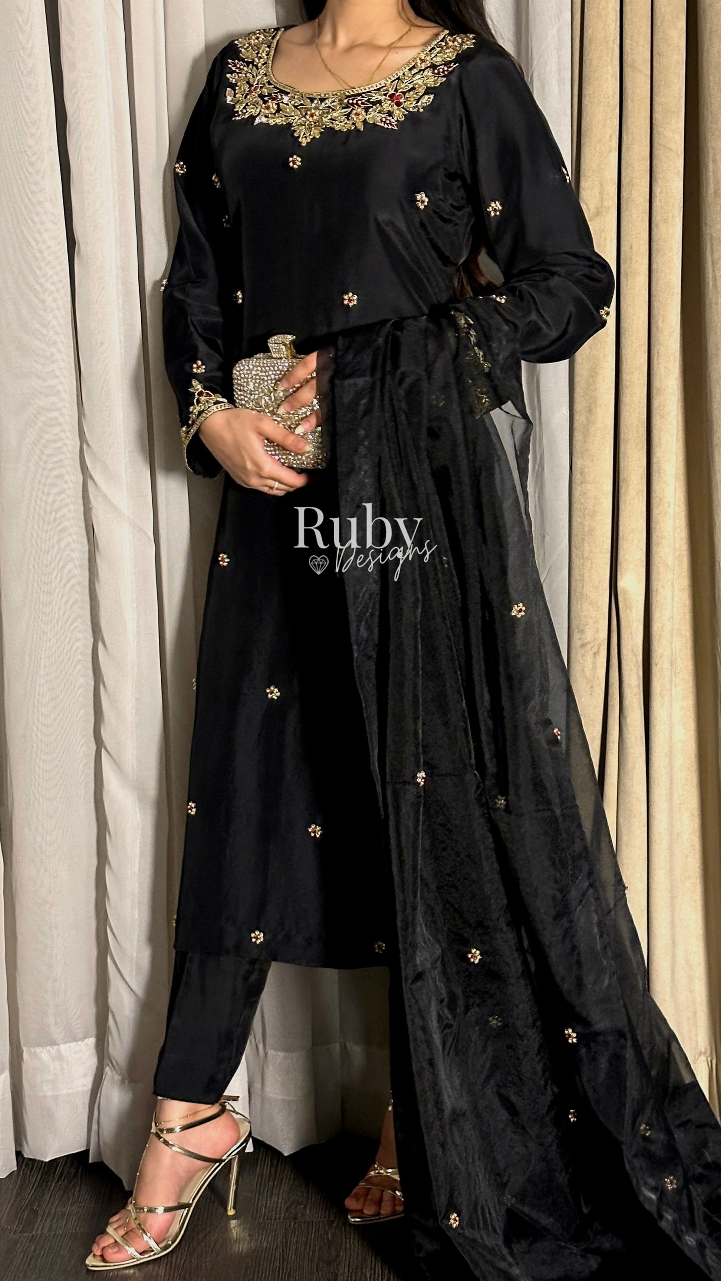 MEHRA - 3 Piece Black Silk Suit with Organza Dupatta