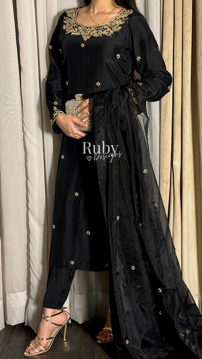 MEHRA - 3 Piece Black Silk Suit with Organza Dupatta