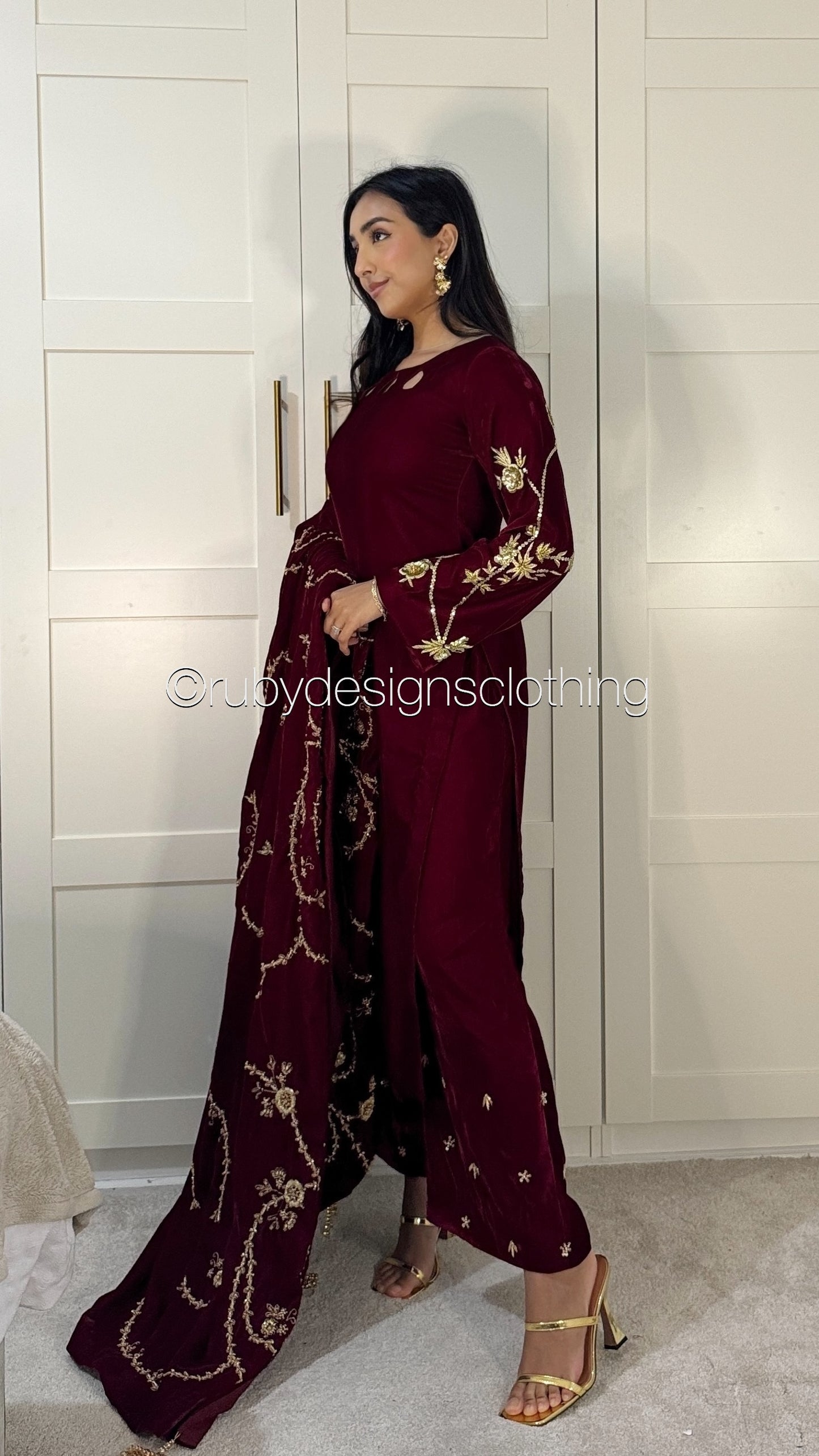 RAISA Cherry - 3 Piece Luxury Velvet Suit with Heavy Embellished Shawl