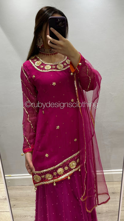 EXCLUSIVE SAMPLE - 3 Piece Hot Pink Chiffon Suit with Gota Work and Net Skirt (8746828628181)