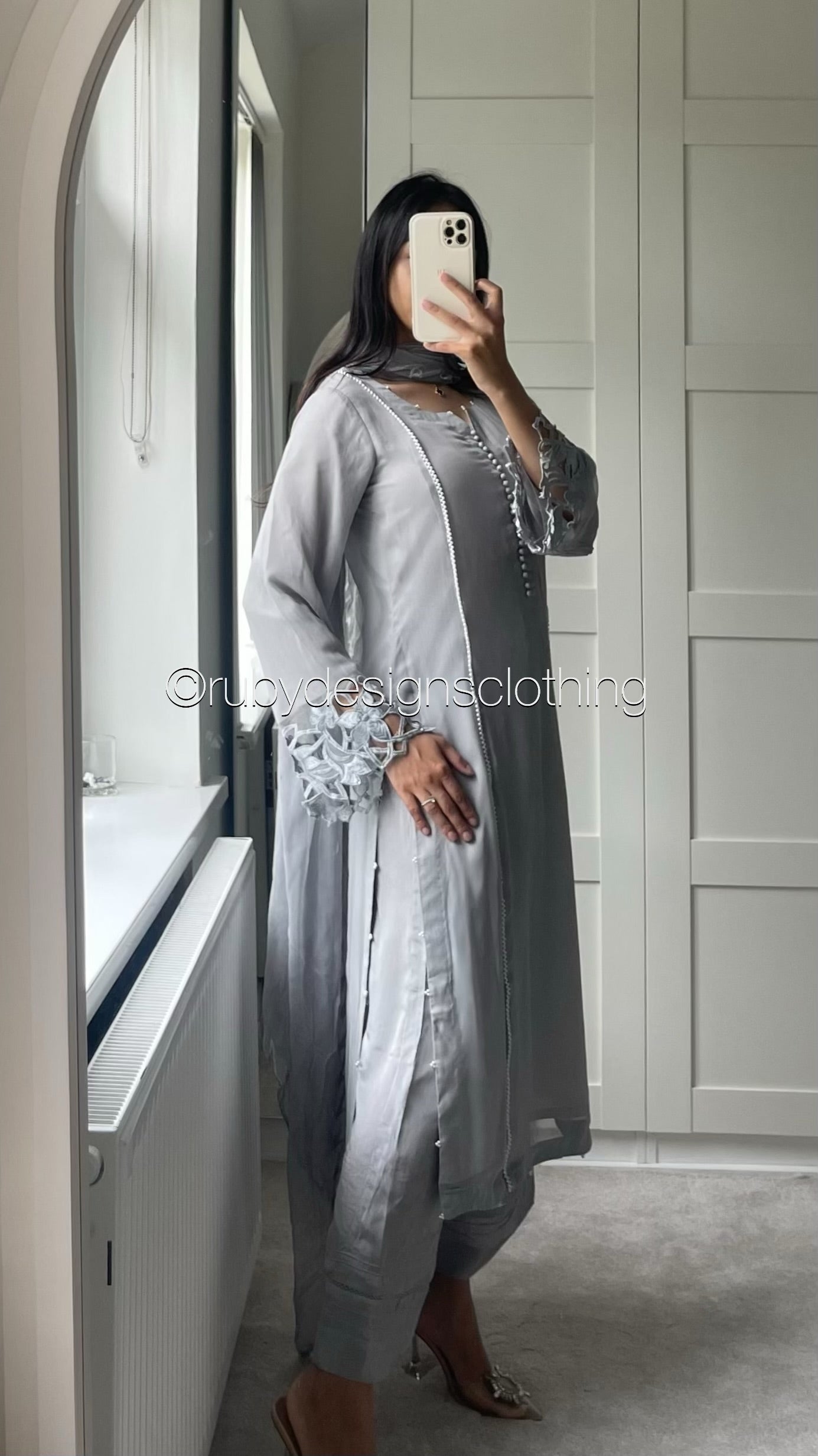 NAILA Grey - 3 Piece Chiffon Suit with Cutwork Detail