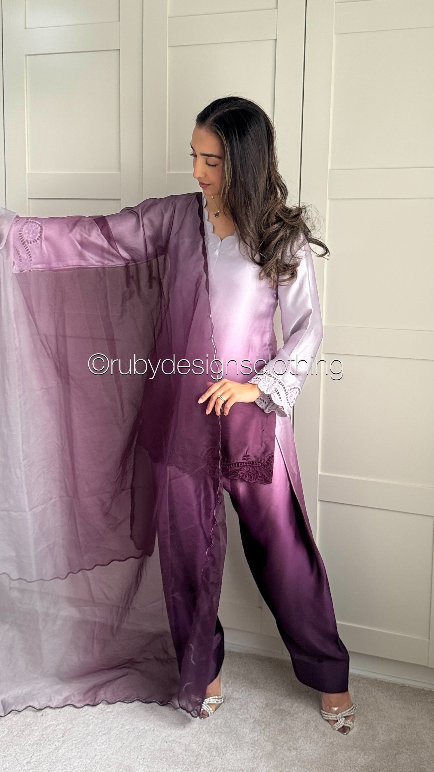 Plum Dusk - 3 Piece Silk Suit with Farshi Shalwar