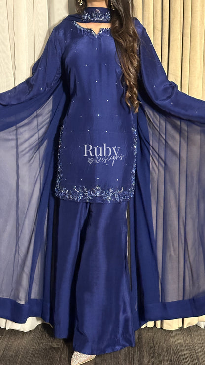 LARA Sapphire - 3 Piece Luxury Silk Suit with Cutdana Handwork