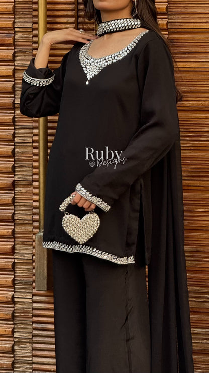 EISHA - 3 Piece Black Chiffon Suit with Premium Crystal Handwork
