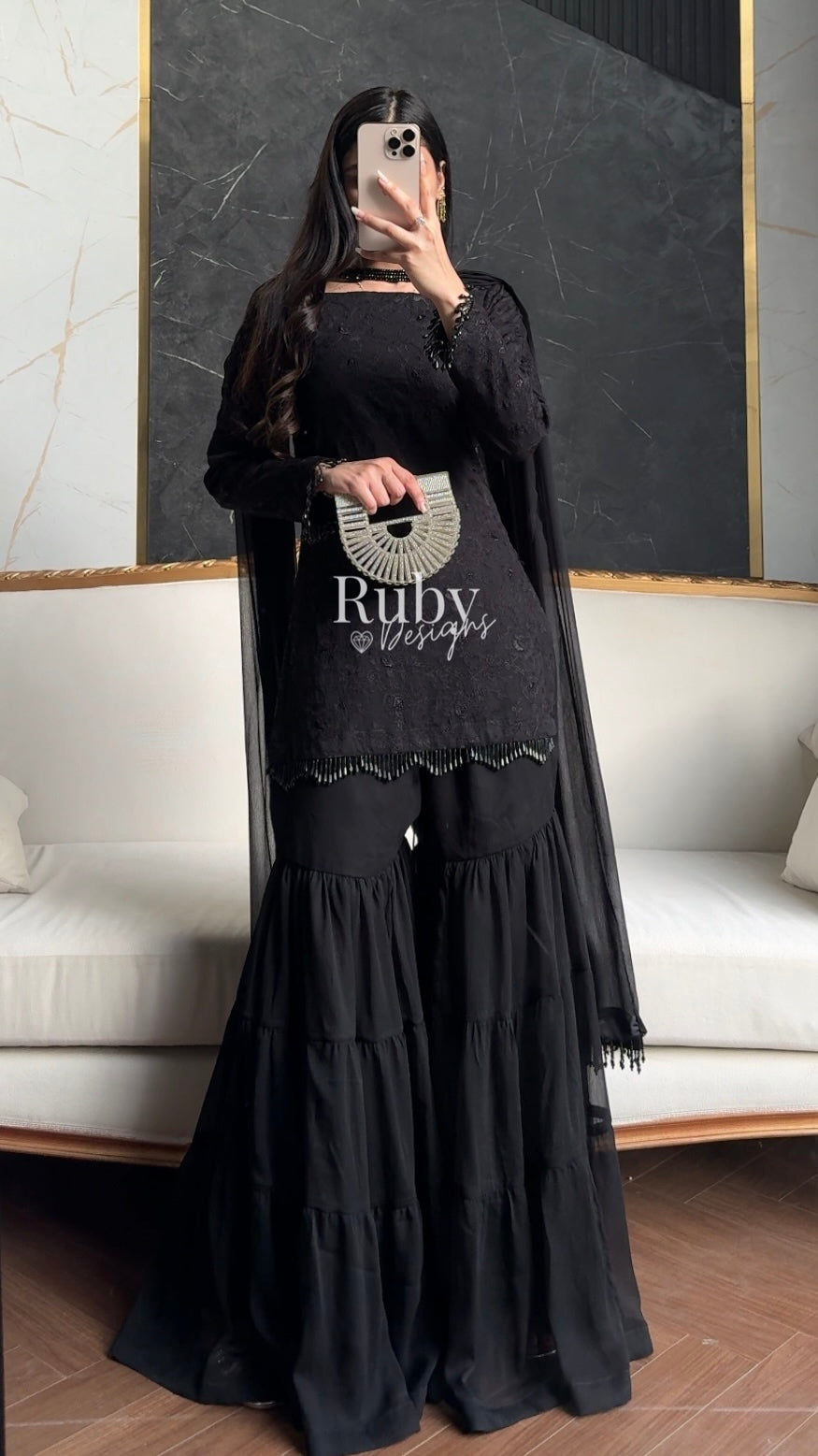 FARYAL Noir - 3 Piece Chiffon Suit with Tiered Sharara